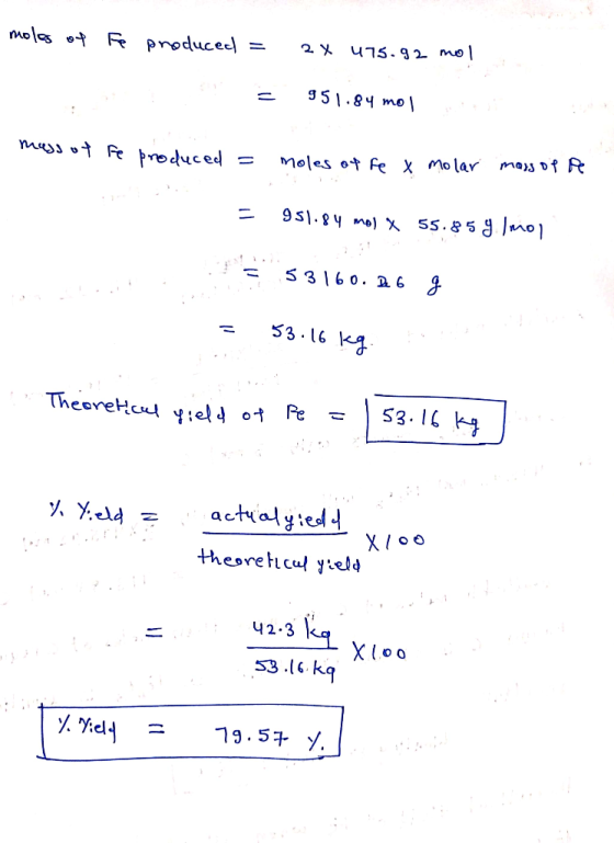 moles of e produced = 2x urs.92 mol = 951.84 mois mass of fe produced = moles of fex molar mass of pe = 951.84 mol X 55.85 9.