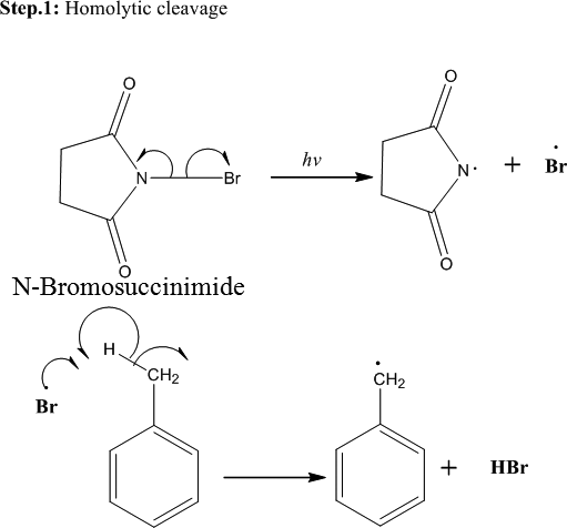 Step.1: Homolytic cleavage
[
ņ
a
hv
hv
+ Br
-Br
N-Bromosuccinimide
CH2
CH2
Br
+
HBr