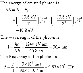 The energy of emitted photon is 13.6 eV13.6 eV -40.8 eV The wavelength of the photon is 1240 eV nm. 304 nm he AE λ=-= nm -= 4