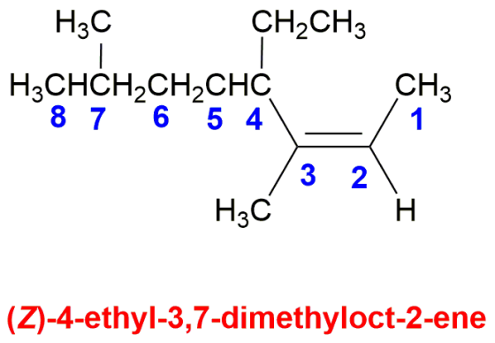 H3C CH2CH3 H3CHCH2CH2CHC 8 7 6 5 4 H3 27 73 H2CH (Z)-4-ethyl-3,7-dimethyloct-2-ene