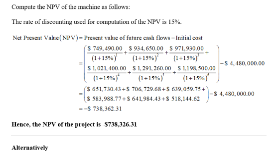 Compute the NPV of the machine as follows: The rate of discounting used for computation of the NPV is 15%. + Net Present Valu
