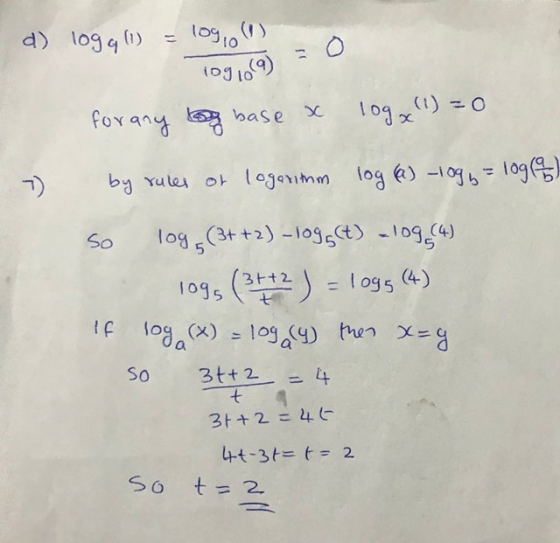 d) 10gg (1) = log, (!) 1091009) = 0 7 for any log base x 10gx (1) = 0 by rules or logarithm log (1) - 10g = 10g(4) so logs (3