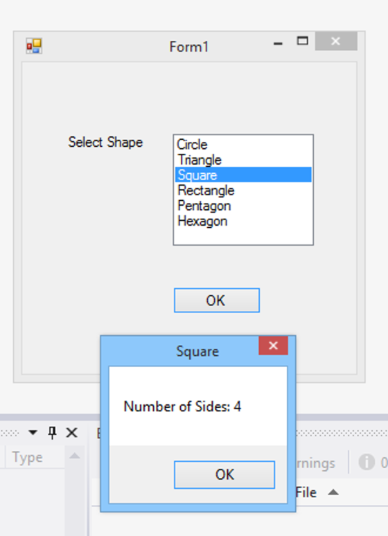 Form1 Select Shape Circle Triangle Square Rectangle Pentagon Hexagon OK Square Number of Sides: 4 уре nings OK le