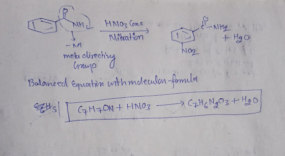 M HM HNO3 Conce r ning with J Mitration Mat HgO meta directing Nog Group a Balanced Equatin with mdecular fomila als GHT OM +