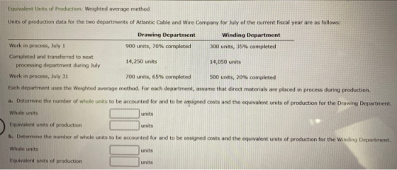 Equivalent Units of Production: Weighted average method Units of production data for the two departments of Atlantic Cable an