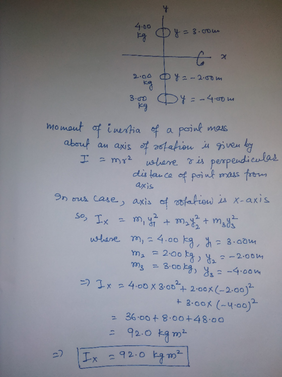 4.00 kg y =3.com 2.000 y = -2.0om 3.00 D Y = -4.00m moment of inestia of a point mass about an axis of sotation is given by I