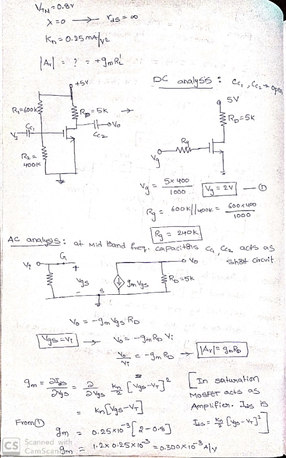 N0.8V +mR DC analyss C,CeOpe +5V 5V R600KS R 5k Rp5K 5* 400 Va2V Goox4oo 600 AC analysis: at Mid Band fe aPacit8is C Ce acte