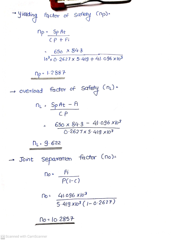 yielding factor of Safety Cop). np = Sp At CP t fi 103 650 X 84.3 x 0.2627 X 5.419 +- 41.096 X103 np = 1.2887 - overload fac