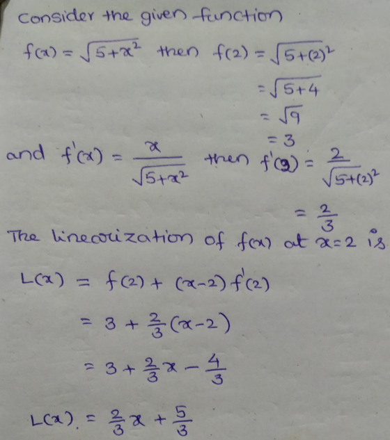 Consider the given function f(x) = √5 +2² then f(2)=√5+(2) = √5+4 ra and f(x) = then f) = 2 √5+02 √5+(2)² 3 2 33 The lineari