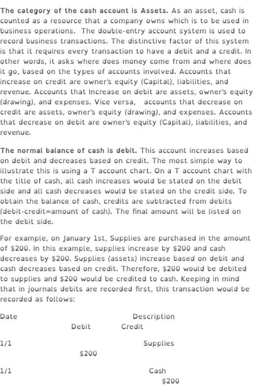 The category of the cash account is Assets. As an asset, cash is counted as a resource that a company owns which is to be used in business operations. The double-entry account system is used to record business transactions. The distinctive factor of this system is that it requires every transaction to have a debit and a credit. In other Words, it asks where does money come from and where does it go, based on the types of accounts involved. Accounts that increase on credit are owners equity (Capital), liabilities, and revenue. Accounts that Increase on debit are assets, owners equity (drawing), and expenses. Vice versa, accounts that decrease on credit are assets, owners equity (drawing), and expenses. Accounts that decrease on debit are owners equity (Capital), Liabilities, and revenue The normal balance of cash is debit. This account increases based on debit and decreases based on credit. The most simple way to illustrate this is using a T account chart. On a T account chart with the title of cash, all cash increases would be stated on the debit side and all cash decreases would be stated on the credit side. To obtain the balance of cash, credits are subtracted from debits (debit-credit-amount of cash). The final amount will be listed on the debit side. For example, on January 1st, Supplies are purchased in the amount of $200. In this example, supplies increase by $200 and cash decreases by $200. Supplies (assets) increase based on debit and cash decreases based on credit. Therefore, $200 would be debited to supplies and $200 would be credited to cash. Keeping in mind that in journals debits are recorded first, this transaction would be recorded as follows: Date Description Credit Debit Supplies $200 Cash $200