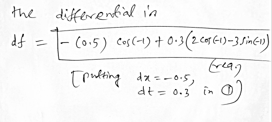 the differential in df = 7-6015) Cos (41) +0.3(2005615–3 Sinev) Crean Tpulting da=-0.5, dt= 0.3