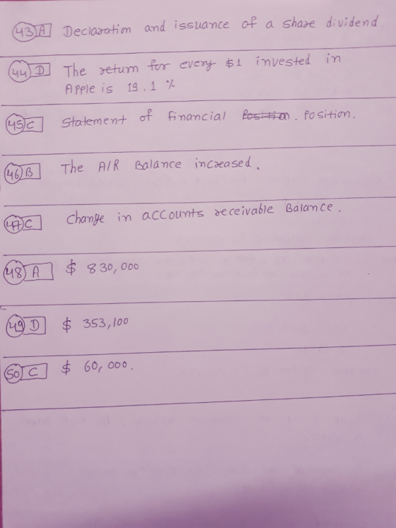 3 Declaratim and issuance of a shave dividend 4 The setum for eveny 1 imvested ivn Apple is 19.1 % Stotem ent of fimancial Bo The AIR ealace nceased Position, 46) 6 Chamje in accounts seceivable Balamce $353,lo0
