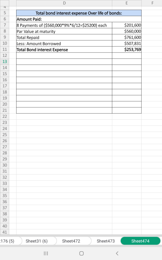 D F Total bond interest expense Over life of bonds: Amount Paid: 8 Payments of ($560,000*9%*6/12=$25200) each Par Value at ma