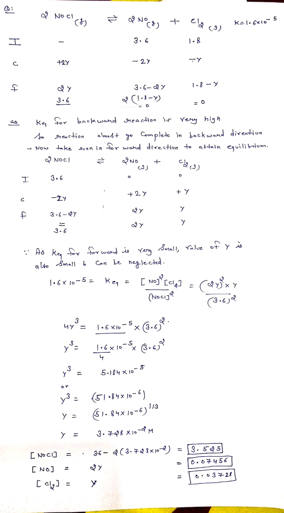 al a Noclcg, Ť & No(g) 3.6 + ela co k=1:6x10 H +27 - 27 0 1.8 -y 6 3.6-27 (1.8-7) 3.6 as ke So - Now for backward reaction is