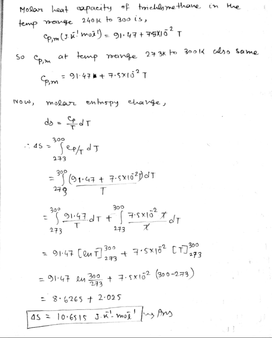 Molar heat apacity of miehlsme thave temp mange He 240K to 300 is, temp renge 2 3k 3001K Clso same So at = 91-47 .5x(02T m mo