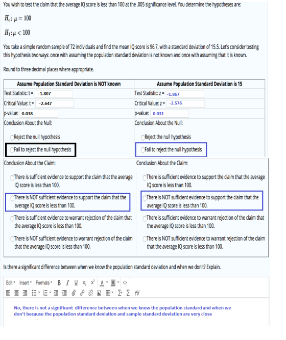You wish to test the claim that the average IQ score is less than 100 at the .005 significance level. You determine the hypot