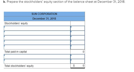 b. Prepare the stockholders equity section of the balance sheet at December 31, 2018 SUN CORPORATION December 31, 2018 Stock