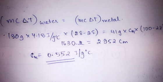 (mcat) water - (mc DT) metal. 130g * 4.183/ac * (28-25) = 419 x cm* (100-28° 1630.2 = 2952 cm Im = 0.5523/9°c
