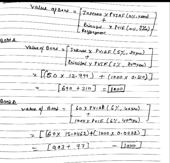 --- Value of Bond 2. f Interest XPVIAF () years -- + Brinci balX PvE (12 ) I Reypayment Bond A value of Bond f Interest X PVI