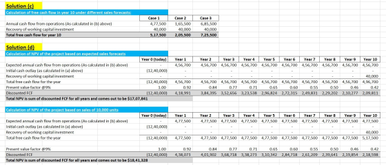 Solution (c) Calculation of free cash flow in year 10 under different sales forecasts: Annual cash flow from operations (As c