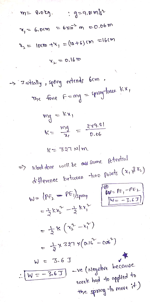 m= Rookg. :9=9,81 mlet x=6.oom = 6x102 m 20.06m albem ay = ldem +X, = (a +6) (m X = 0.16 m ! → bom Initially , spring extends
