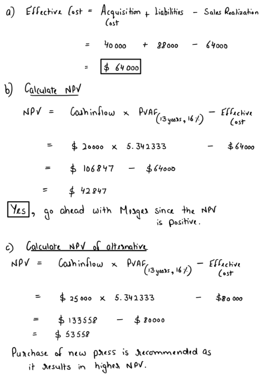 Effechiv lost -Acquisitim (ost a) Sales Reahzahon liabiktis 4o 000 82o00 $64 000 Calculate NPV Cauh infiow NPV PVAF (13 yurs