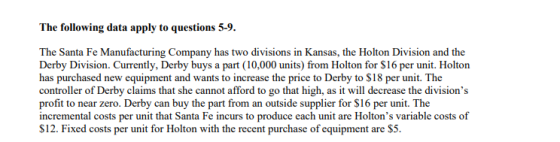 The following data apply to questions 5-9. The Santa Fe Manufacturing Company has two divisions in Kansas, the Holton Divisio