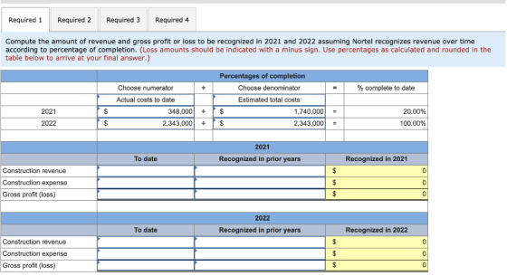 Required 1 Required 2 Required 3 Required 4 Compute the amount of revenue and gross profit or loss to be recognized in 2021 a