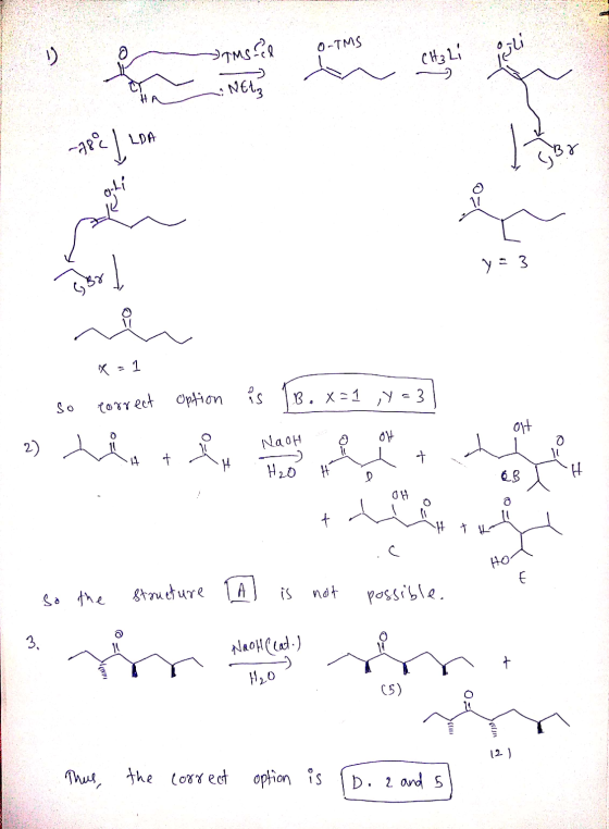 dams O-TMS CH₃ Li • NEWS LDA -788 il BY o 11 1 Y-3 GBy x = 1 correct Option is TB.X so B. X-1 , Y = 3 ot 2 ) OH NaOH ven بنگا