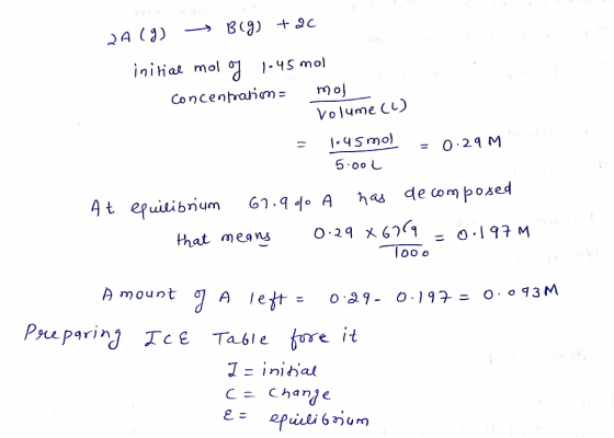 Big) +ac 2A(g) initial mol J 1.45 mol concentratima mol volume (4) 1145 mol - 0.29 M 5.00L At epuilibrium 67.90 A has de comp