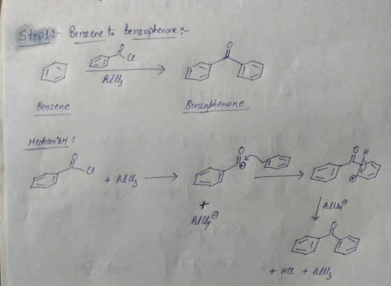 Step 1- Benzene to benzophenone- O 12/1 Alllz Benzene Benzophenone Mechanism : o & Alllz Allco + HCl + Allz