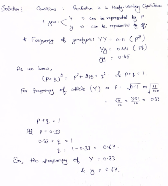 Solution : - Conditions : Populertion is in Hardy Weinberg Equilibrium. -Y 1 gove < 7 can be represented by P. so y = can be