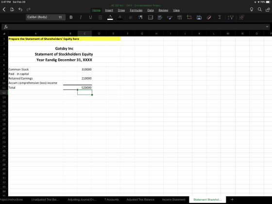 3:47 PM Sat Feb 29 1 79% AC 321 Intl - FA19 - Comprehensive Project Insert Draw Formulas Data Review ^ A = E Home B View Cali