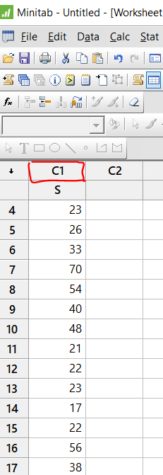 l Minitab - Untitled - [Worksheet Eile Edit Data Calc Stat 合同 | 品 圖 |9 |回 j圖區ay貿门|回 | - | 2 ST口O\。 cli C2 | 11 | 13