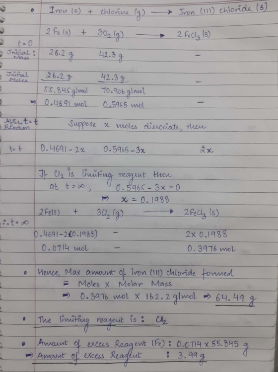 - o Iron (s) + chlorine (g) - Chlorine (g) Tron (111) chloride (5) Iron (111) ch 2 Fe (s) + 30₂ (g) - 2 fellz (5) 42.39 Thail