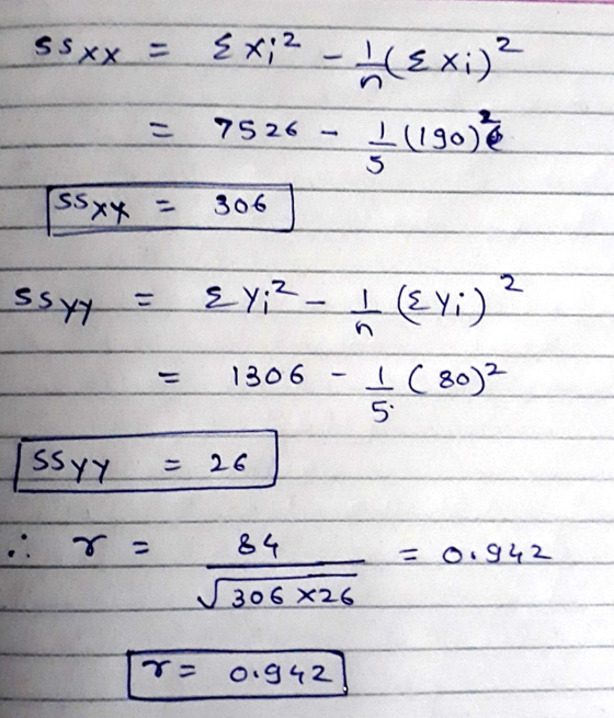 ssxx = {x;2 E x;2 - (Exi)? 7526 1 (190) 5 (ssxx 306 2 SSY EY:? (نوع) 1306 I (802 5 Ssyy 7 - = 0.942 84 S306 X26 o.942