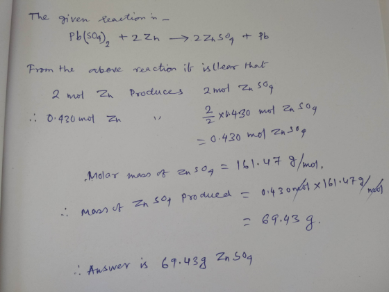 The given reaction in a Pb (504) + 2 zn 22,5% & Pb From the above reaction it is clear that 2 mol zu Produces 2 mol zu sog :