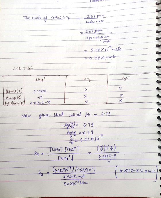 The molo of (NHa S0g 2.67 pa malon mass 132 1989 mole -2 z 2-02X10 mol 20.0202 mole ICE Tahle NHg faitrlT) chauge C) Equilila