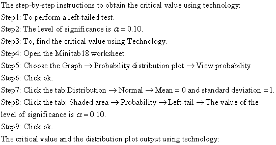 The step-by-step instructi ons to obtain the critical value using technology. Step1: To perfom a left-tailed test. Step2: The level of significance is 2-0, 10 Step3: To, find the critical value using Technology Step4: Open the Minitab 18 worksheet. Step5: Choose the Graph Probability di stribution plotView probability Step6: Click ok. Step7: Click the tab:Distribution >Normal ->Mean 0 and standard deviation1. Step8: Click the tab: Shaded area -Probability Left-tail The value of the level of significanceis a 0.10 Step9: Click ok. The critical value and the distribution plot output using technology