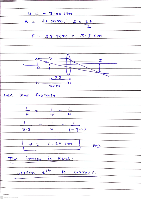 4 - - 7.00 cm 66 mm, f= 99 2 f = 33 mm 3.3 cm I 3.3 LLLL use leng blhublog . f u 3.3 (7.0) 6.24 (m The image is Real. st opti