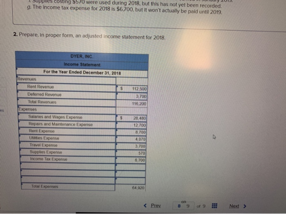 ppiles costing $570 were used during 2018, but this has not yet been recorded. g. The income tax expense for 2018 is $6,700,