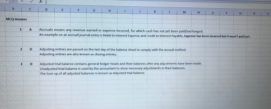 1X fx BICIDI EI K | L | M | N O P a IRIS MCQ Answer Α. Accruals means any revenue earned or expense incurred, for which cash