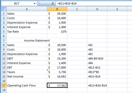foc =B11+B10-B14 B17 A 1 Sales 2 Costs 3 Depreciation Expense 4 Interest Expense 5 Tax Rate $ $ $ $ 39,500 18,400 1,900 1,400