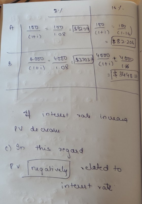 A I 100 - 100 = $12.50 Citi) 1.08 (ii) (1.16) = ($82-201 $370371 4000 – 4000 (lti) 1.08 4000 (ti) 4000 1.16 ={$3448.23 4 inte