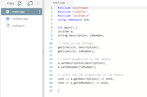 Files main.cpp ... invitem.cpp 4 L invitem.h main.cpp 1 #include <iostream> 2 #include <cstdlib> 3 #include invItem.h using
