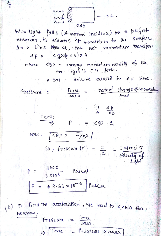 C46 When light falls (at normal incidence) ou a perfect absorber, it delivers it momentum to the surface. In a time who st, t