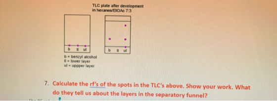 TLC plate after development in hexanes/ETOAc 73 b ul b ul b-benzyl alcohol | lower layer ul-uppper layer 7. Calculate the rf