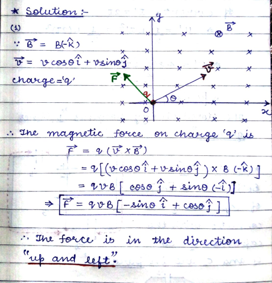 * Solution :- IS € * ng B x x : B = Bek, 2= vcosoi + usino? charge=q. FR * * . The magnetic force on charge a is F = q (L x
