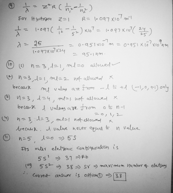 For Hydrgen 2=1 u zer Chwa) R=10097x107 ml = = 1:097C - Śr) Xco7 10097 x07( 24 24 ) OE 25 = 0.951x10 m=0.951x10?xcolum 100978