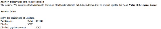 Answer: Book value of the Shares issued The issuer of 5% common stock dividend to Common Stockholders Should debit stock divi